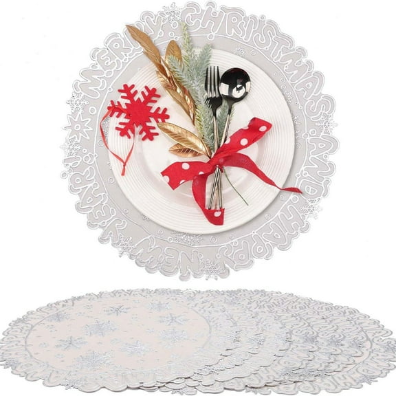 Anhility Christmas Snowflake Placemats, Silver Snowflake Place Mats Tablemats Round Non-Slip Washable Table Setting for Christmas Dining Holiday Party Kitchen Table Mats Decor, 15in