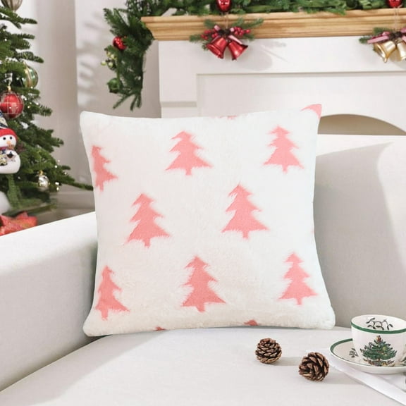Anhility Christmas Throw Pillow Covers 18x18 in 3D Christmas Tree Pillow Pattern Square Case Plush Faux Fur Soft Cozy Cover for Christmas December Holiday Cushion Cover, Pink