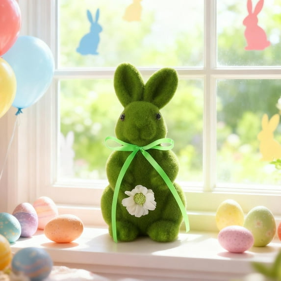 Anhility Cute Flocked Bunny Figurine, Easter Flocking Rabbit with Bow Tie, Spring Table Centerpieces, Tabletop Miniature Decor for Home, Garden, Bunnies Decoration for Home & Party (Green)