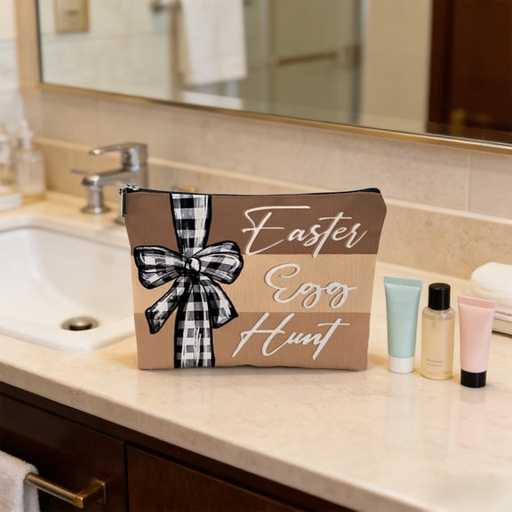 Anhility Easter Makeup Bag for Women, Stylish Compact Cosmetic Bag with Zippers, Bunny Theme Multifunctional Pouch with Zipper for for Daily Use and Travel, 9.84×6.69×2.36in