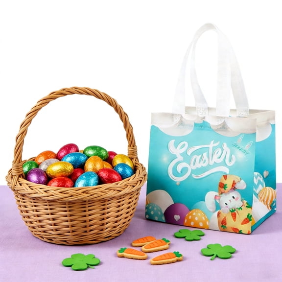 Anhility Easter Non-woven Bags with Handle, Bunny Carrot Eggs Gift Reusable Easter Goodie Bags, Easter Basket Container Tote Bags, Kids Easter Bags for Easter Party Supplies, 7.87 x 7.87 x 5.9 in
