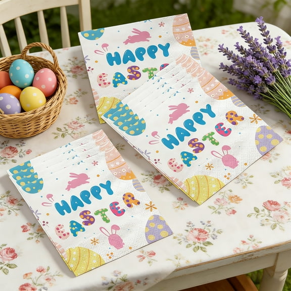 Anhility Easter Paper Napkins Cute Bunny Rabbit Floral Disposable Dessert Dinner Napkin for Spring Wedding Birthday Party Table Supplies, 16Pcs