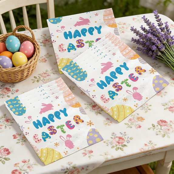 Anhility Easter Paper Napkins Cute Bunny Rabbit Floral Disposable Dessert Dinner Napkin for Spring Wedding Birthday Party Table Supplies, 16Pcs