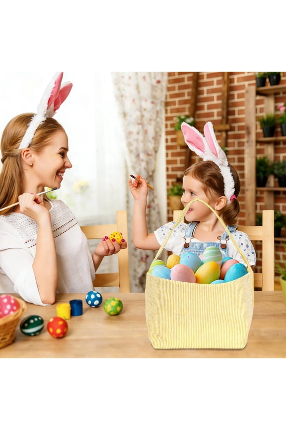 Easter Stripe Basket, Easter Bunny Storage Bucket, Egg Hunting Bags for Toddler Boy Girls, Rabbit Party Tote Bags, Decorative Newborn Baby Shower Birthday Gifts, 9.84x8.27 in, Yellow