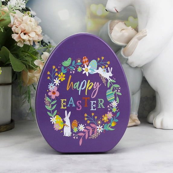 Anhility Easter Tinplate Box , Easter Egg Shape Candy Box Happy Easter Bunny Design Snack Containers with Lid Biscuits Case Cookies Holder Metal Storage Box for Home Party