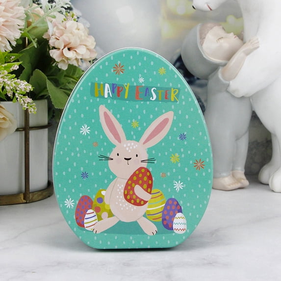 Anhility Easter Tinplate Box , Easter Egg Shape Candy Box Happy Easter Bunny Design Snack Containers with Lid Biscuits Case Cookies Holder Metal Storage Box for Home Party