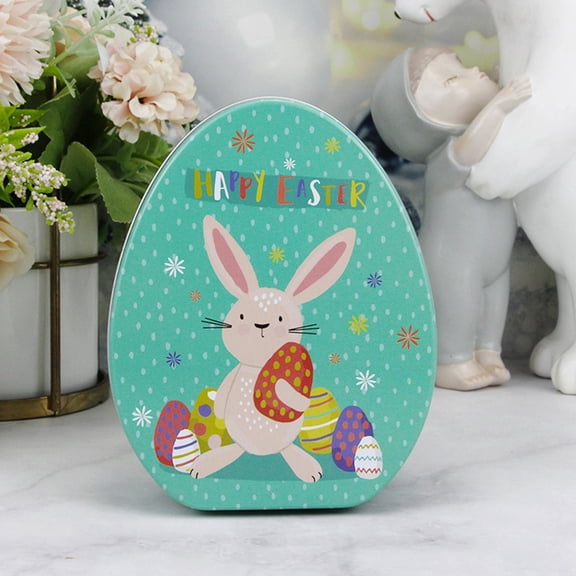 Anhility Easter Tinplate Box , Easter Egg Shape Candy Box Happy Easter Bunny Design Snack Containers with Lid Biscuits Case Cookies Holder Metal Storage Box for Home Party