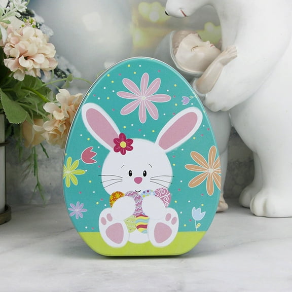 Anhility Easter Tinplate Box , Easter Egg Shape Candy Box Happy Easter Bunny Design Snack Containers with Lid Biscuits Case Cookies Holder Metal Storage Box for Home Party