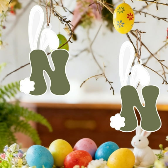 Anhility Easter Wooden Initials Ornaments Easter Hanging Decorations Indoor 26 Letter Bunny Ear Pendant Alphabet Holiday Ornament for Xmas DIY Crafts Home Party Supplies, N