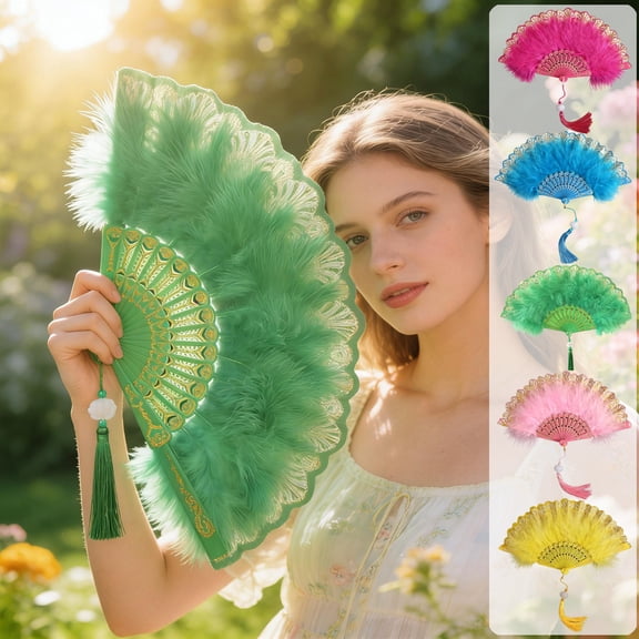 Anhility Foldable Feather Fan Handheld Chinese Folding Fans Feather Fan Flapper Hand Fan for Costume Party Wedding Dancing Decoration (Blue)
