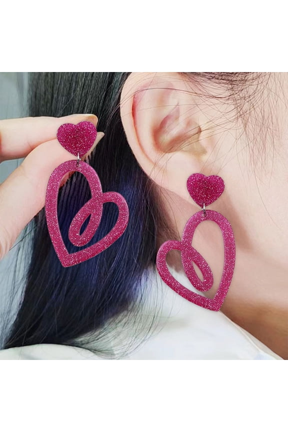 Glitter Heart Earrings for Women Watermelon Red Hollow Double Heart Dangle Earrings Mother Valentines Anniversary Birthday Jewelry Gift