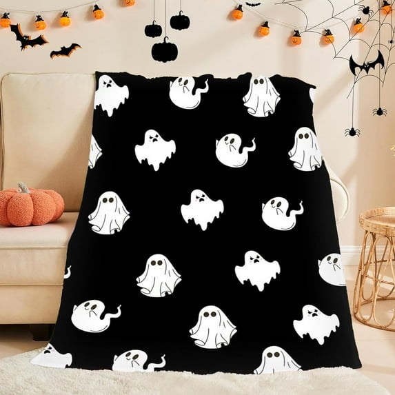 Anhility Halloween Blankets Fall Black Ghost Spooky Graphic Throw Blanket Halloween Decor Super Soft Flannel Throw Blanket for Bedding Sofa Chair and Travel Supplies, 29.53x39.37 in