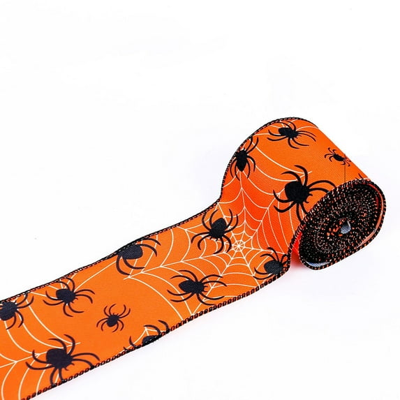 Anhility Halloween Ribbon Spider Wired Edge Ribbon for Wreath Bow Making, Spooky Pumpkin Ribbon for Halloween Wreaths, Gift Wrapping, Indoor Outdoor Party Decoration Supplies, 2.5" x 5 Yards