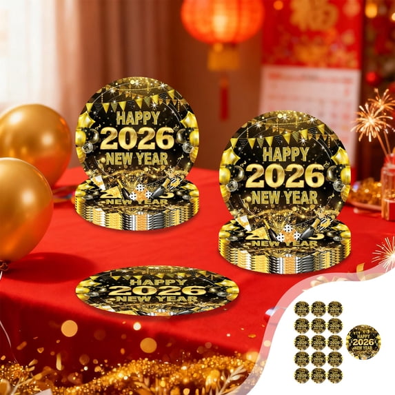 Anhility Happy New Year Party Supplies, 16Pcs 7" Disposable Round Black and Gold Paper Plates for 2026 New Year Birthday Party Decorations