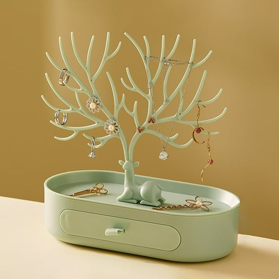 Anhility Jewelry Display Holder Stand Earrings Pendants Necklace Jewelry Storage Rack Antler Tree Jewelry Box Holder with Drawer, 9.64"x4.92"x10.2", Green