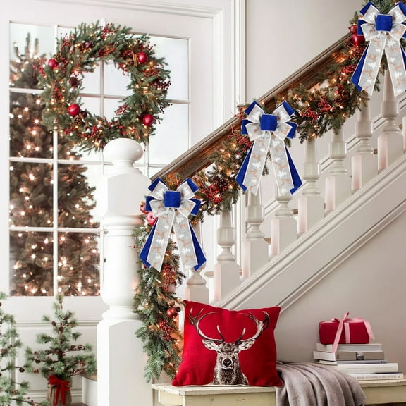 Anhility Large Christmas Bows Blue Deer Graphic Bows Holiday Christmas Bows Decorations for Wreath Bows Decor for Christmas Tree Topper, Front Door, Outdoor (14.96x9.06 in)