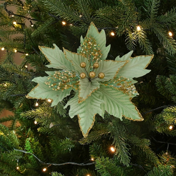 Anhility Large Christmas Poinsettia Flowers Artificial Glitter Christmas Tree Hanging Poinsettia Flowers with Stem Gifts for Christmas Tree New Year Party Holiday Weddings, 11.02x13.39in, Light Green