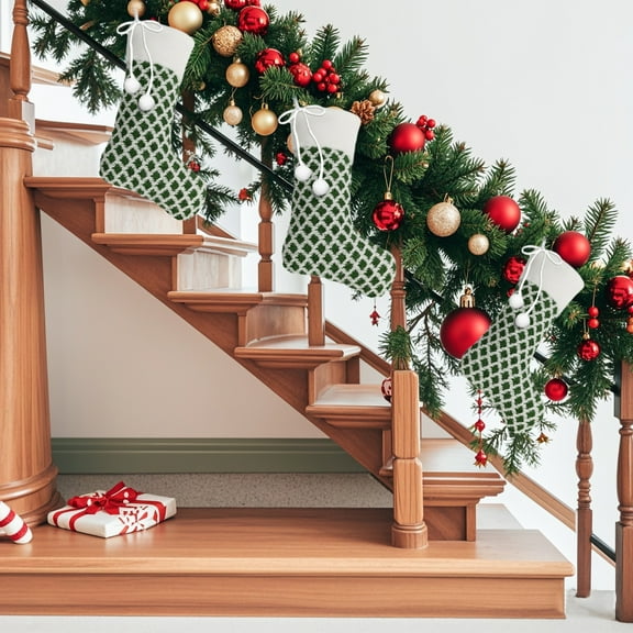 Anhility Large Size Christmas Stockings with Pom Poms, 18 Inches Cable Knitted Stocking Gifts & Decorations for Family Holiday Xmas Party, Green