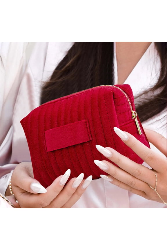 Makeup Bags for Women, Small Soft Plush Cosmetic Bag for Purse, Striped Lightweight Make up Pouch Organizer, Zipper Portable Storage Travel Toiletry Bag Gifts (Red)