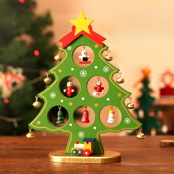 Anhility Mini Wooden Christmas Tree Desktop Decoration Xmas Decoration Novelty Art Christmas Decor for Dorm Hotel Office Restaurant Living Room, Green, 8.66x6.69in