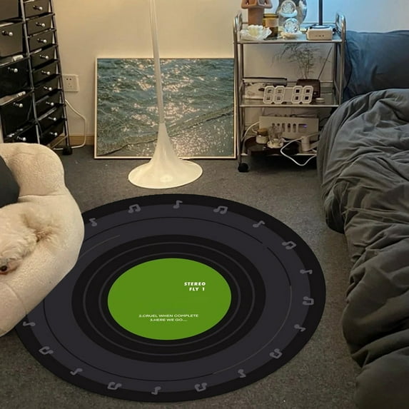 Anhility Non-Slip Area Rug Round Washable Quick Dry Novelty Music Vinyl Record Pattern Floor Mat Carpet for Bedroom Living Room Study Playing, 23.62 Inches, Green