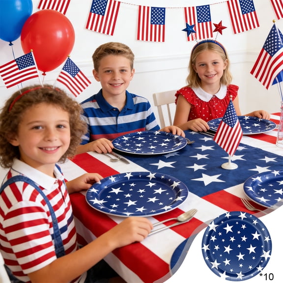 Anhility Patriotic Disposable Paper Plates, 10Pcs Navy Blue with White Star Pattern, Sturdy Decorative Dinner Plates for 4th of July Picnics & Independence Day Party Table Settings, 9"