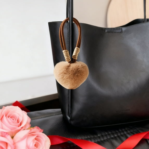 Anhility Pom Poms Keychains Fluffy Heart Shape Valentine's Day Pompoms Keyring Faux Fur Key Chain for Wallets, Backpacks, Bag, Camera, Keys, Car, Khaki