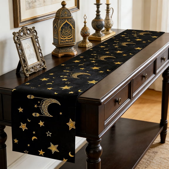 Anhility Ramadan Table Runner, Black Table Runner Decorations with Stars and Moon Pattern, Kitchen Dining Table Runners for Holiday and Home Party Supplies, 70.8x13in