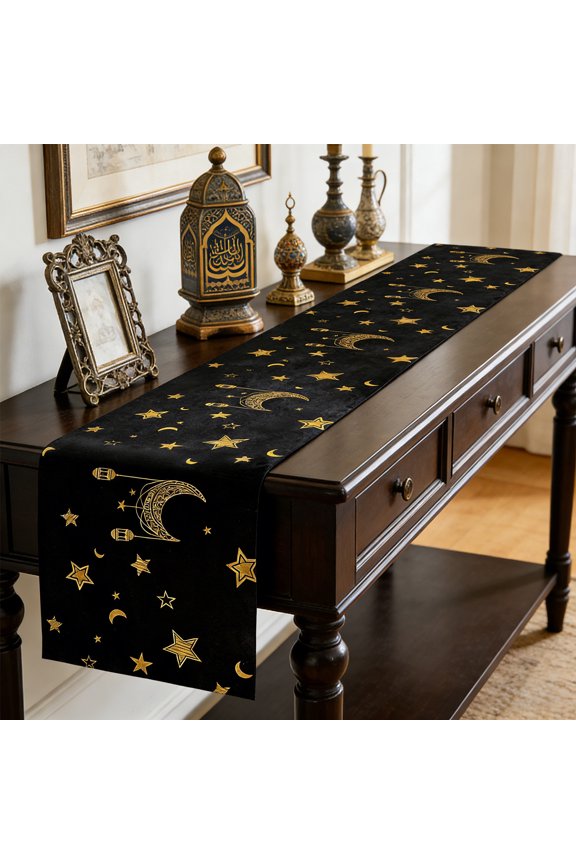 Ramadan Table Runner, Black Table Runner Decorations with Stars and Moon Pattern, Kitchen Dining Table Runners for Holiday and Home Party Supplies, 70.8x13in