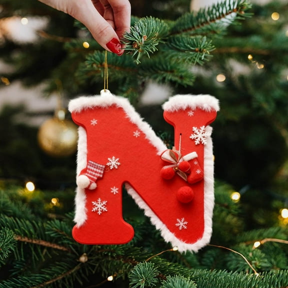 Anhility Red Monogram Christmas Ornament, Personalized Initial Xmas Tree Hanging Ornament, Xmas Stocking Tag, 26 Letter Christmas Decoration for Mantle Fireplace Wall (Letter N)