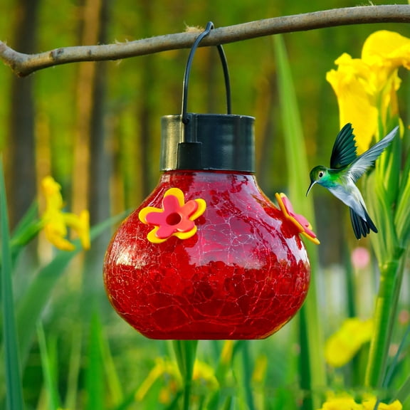 Anhility Solar Hummingbird Feeder with LED Light, Glass Hanging Outdoor Hummingbird Feeder, Waterproof Rustproof with Easy-Clean Design, Patio Balcony Outdoor Garden Decor, 6.5x3.94in