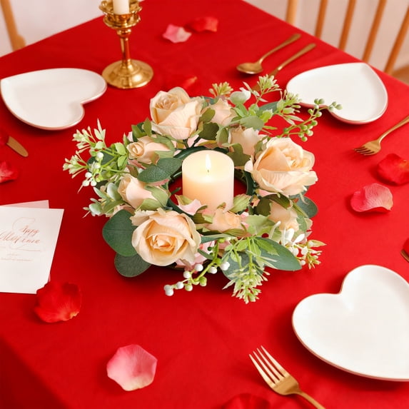 Anhility Valentine's Day Candle Rings Wreaths Rose Candle Rings Garland Artificial Flowers Wedding Table Centerpiece Decoration for Party Supplies Home Table Valentine, 7.8"