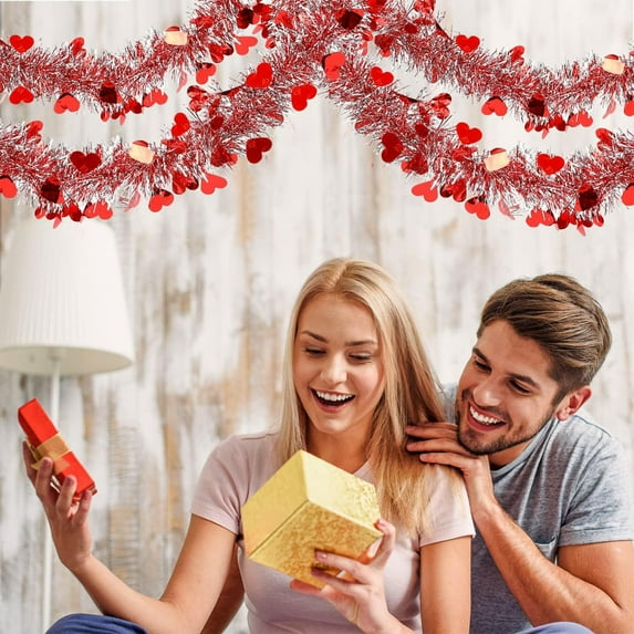 Anhility Valentine's Day Heart Tinsel Garland, Shiny Hanging Garland Ornaments for Indoor Outdoor Home Wedding Valentines Party Decorations (196.8")