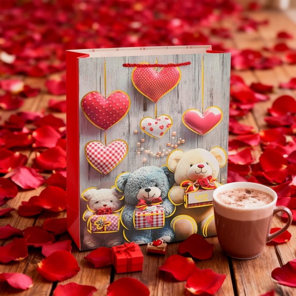 Anhility Valentine's Day Paper Gift Bags Love Heart Party Favor Bags with Handle Goodie Candy Treat Bag for Wedding Anniversary Holiday, 7.08 x 3.34 x 9.44 in