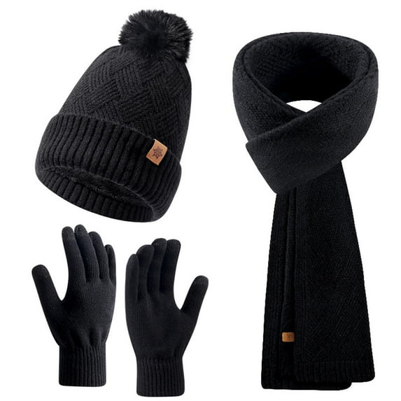 Anhility Womens Winter Hat Scarf Gloves Set, 3 in 1 Casual Solid Color Knit Warm Beanie with Pom Pom, Thickened Cozy Elastic Hat Glove Scarf Set for Skating, Dating, Hiking or Riding, Black