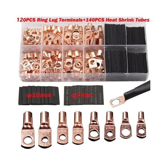 Aniceparthy 260pc Copper Wire Lug & Ring Terminal Kit, Automotive Wire Connectors with Heat Shrink Tubing for Marine Boat Car Truck
