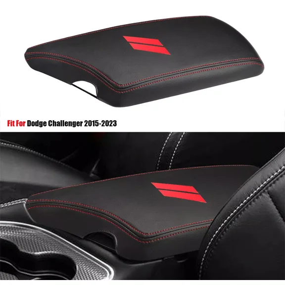 Aniceparthy Car Center Console Armrest Lid Cover Fit for 2015-2023 Dodge Challenger Interior Arm Rest Seat Cover Middle Console Cover Lid Protector Pad (PU leather+Red Stitches+Black edge)