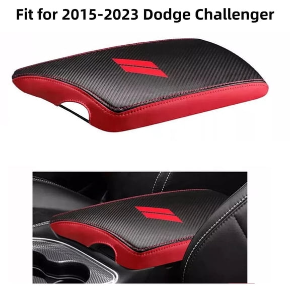 Aniceparthy Car center console cover Fit for 2015-2023 Dodge Challenger Interior Arm Rest Seat Cover Middle Console Cover Lid Protector Pad (PU leather+Red Stitches+Red edge)