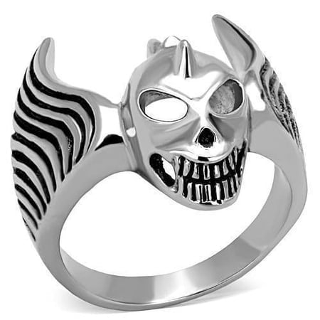 Anillo Color Plata Para Hombres de Acero Inoxidable Calavera Cuerno y Alas
