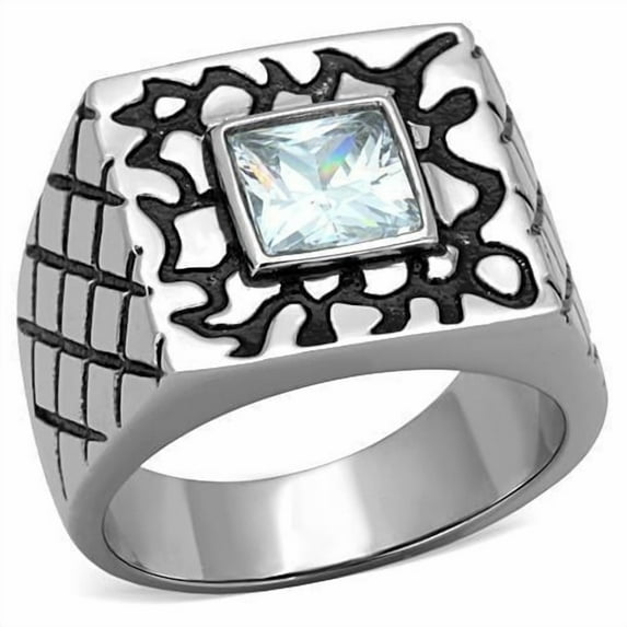 Anillo Color Plata Para Hombres de Acero Inoxidable Corte Princesa con Patrones