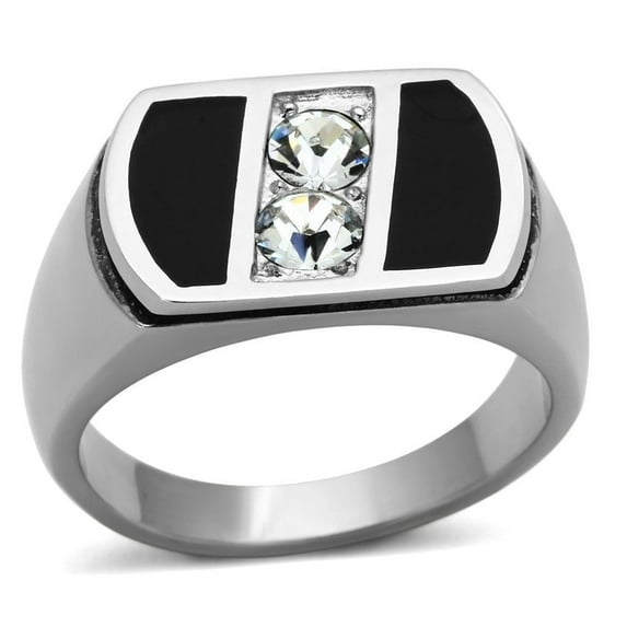 Anillo Color Plata Para Hombres de Acero Inoxidable Dos Diamantes en Onyx