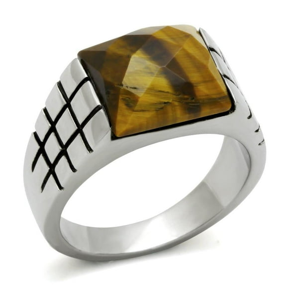 Anillo Color Plata Para Hombres de Acero Inoxidable Ojo de Tigre Tigre Ahumado Quartz