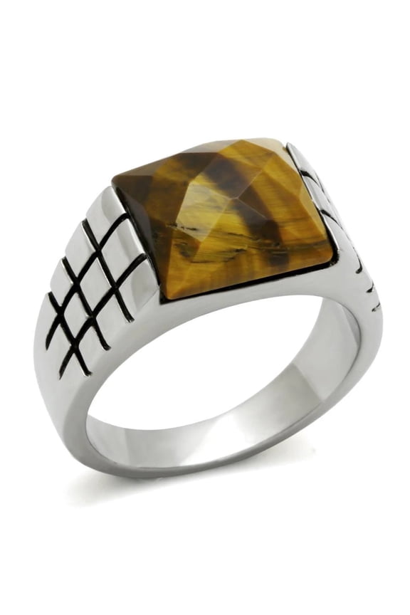 Anillo Color Plata Para Hombres de Acero Inoxidable Ojo de Tigre Tigre Ahumado Quartz