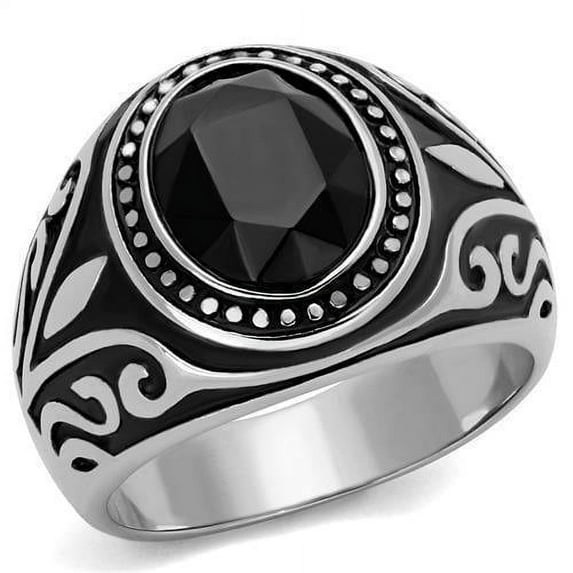 Anillo Color Plata Para Hombres de Acero Inoxidable Onyx Corte Ovalado de Patron