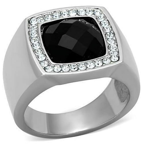 Anillo Color Plata Para Hombres de Acero Inoxidable Onyx Redondo Corte Diamante