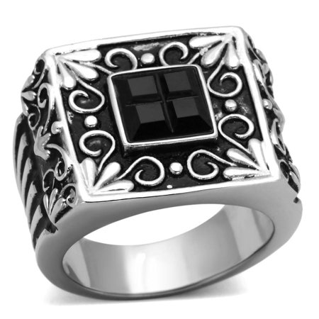 Anillo Color Plata Para Hombres de Acero Inoxidable Poder con Piedra Onyx