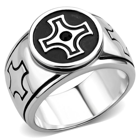 Anillo Color Plata Para Hombres de Acero Inoxidable Tres Cruces con Onyx