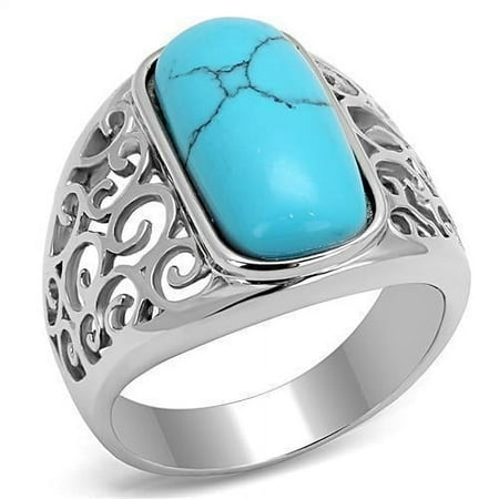 Anillo Color Plata Para Hombres de Acero Inoxidable Turquesa Ovalada