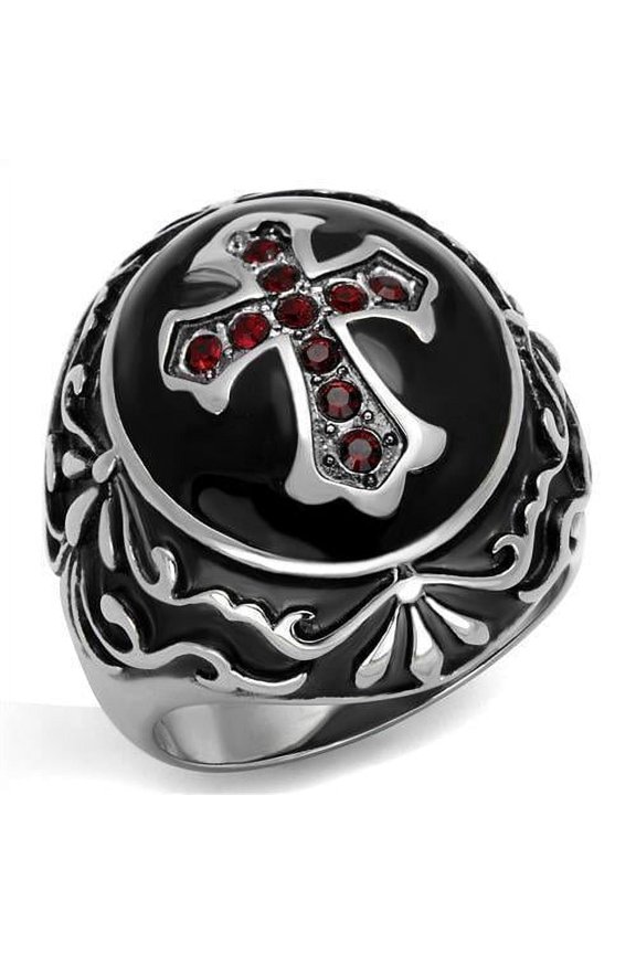 Anillo Color Plata Para Hombres de Acero Inoxidable con Crus y Rubies