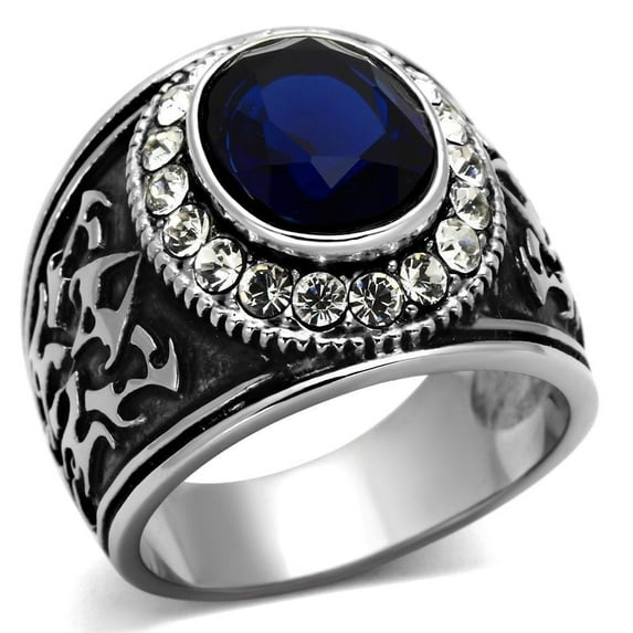 Anillo Color Plata Para Hombres de Acero Inoxidable de Rey Con Piedra Azul Royal